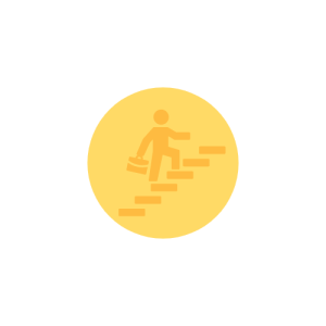 Person climbing stairs with briefcase icon in a yellow circle graphic