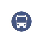 Blue and white bus icon graphic