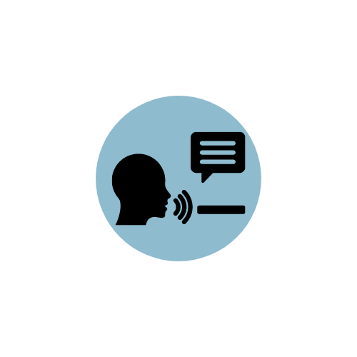 Blue circle graphic with black icon of text to talk assistive technology