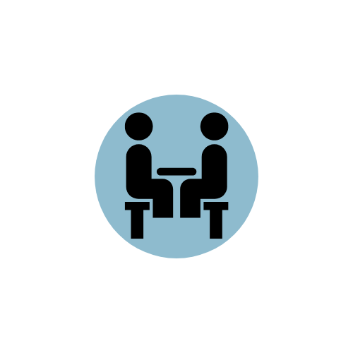 Blue circle graphic with black icon of people sitting down at a table