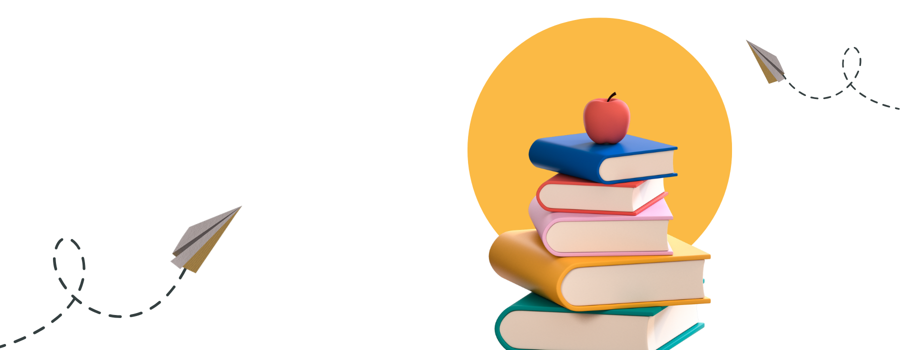 Image with flying envelopes, yellow circle and 3d stack of books with apple on top
