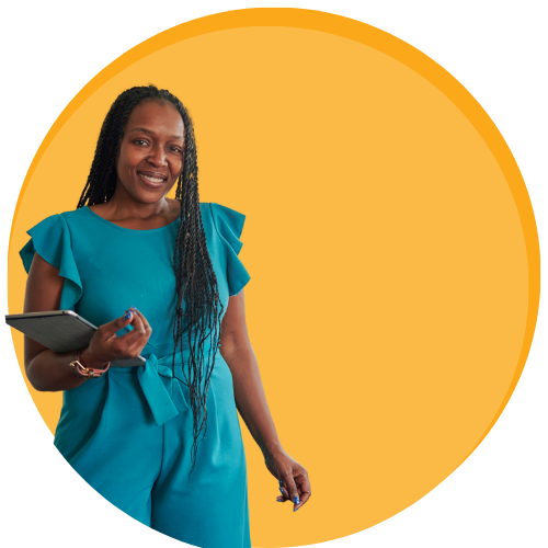 Woman stood smiling at the camera with yellow circle background