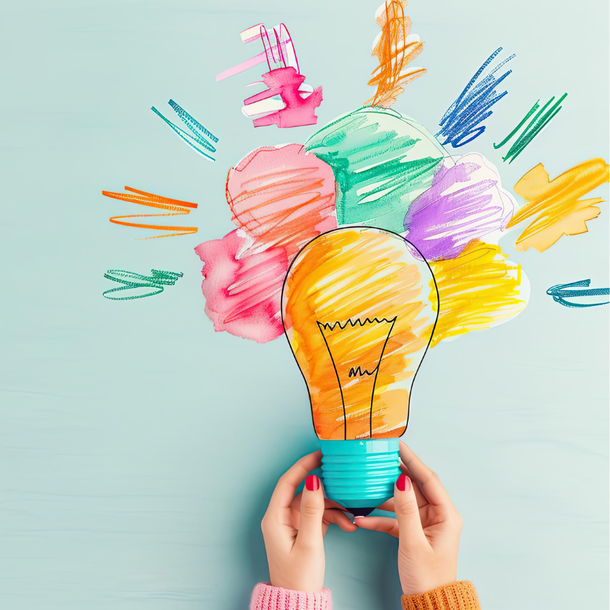 Image of a colourful lightbulb with different colours shooting out of it on green background