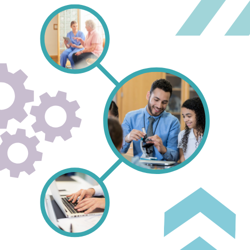 Three blue circles with a variety of images in including careworkers, male teacher and a person doing admin at a laptop