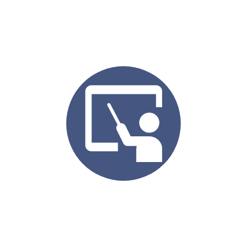 Blue and white circle icon graphic of a teacher pointing at a board