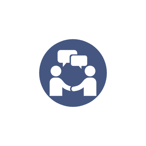 Blue and white circle icon graphic of two people having conversation and shaking hands