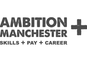 Logo; Ambition Manchester, Skills + Pay + Career