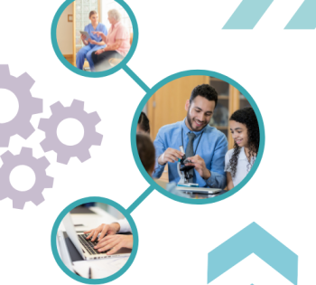 Three blue circles with a variety of images in including careworkers, male teacher and a person doing admin at a laptop