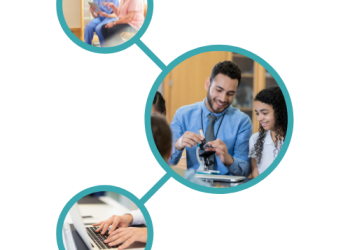 Three blue circles with a variety of images in including careworkers, male teacher and a person doing admin at a laptop