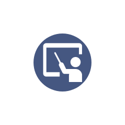 Blue and white circle icon graphic of a teacher pointing at a board