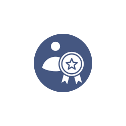 Blue and white circle icon graphic of a person with an accredited star badge