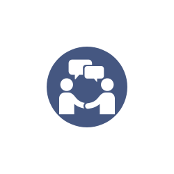 Blue and white circle icon graphic of two people having conversation and shaking hands