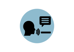 Blue circle graphic with black icon of text to talk assistive technology