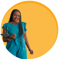 Woman stood smiling at the camera with yellow circle background