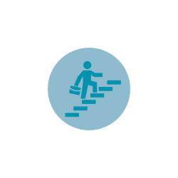 Blue icon graphic of person walking up stairs with briefcase