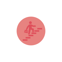 Pink person climbing stairs while holding a briefcase icon on light pink circle background