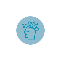 Person with creative mind jumping out blue circle graphic icon