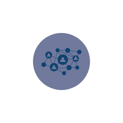 Dark blue community connection icon graphic with people connected by dotted lines