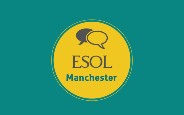 Yellow circle speech bubble logo, ESOL Manchester