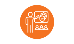 classroom teaching/training white and orange circle icon