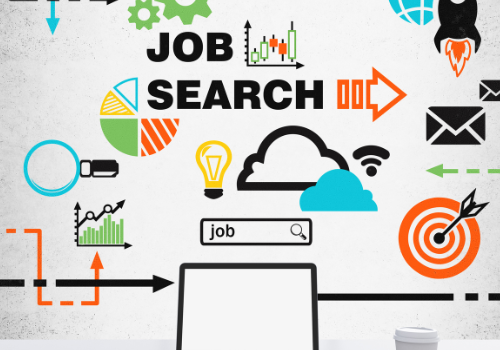 Graphic image of job search i.e. target, computer, magnifying glass, settings cog and rocket