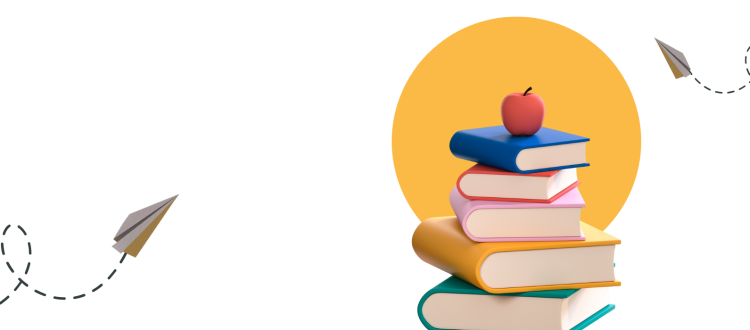 Image with flying envelopes, yellow circle and 3d stack of books with apple on top