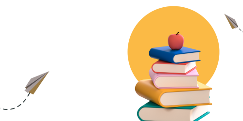 Image with flying envelopes, yellow circle and 3d stack of books with apple on top