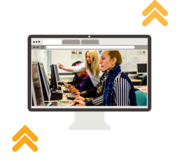 skil up Computer screen mock up showing learners in a classroom on computers on the screen. Orange up arrow graphics